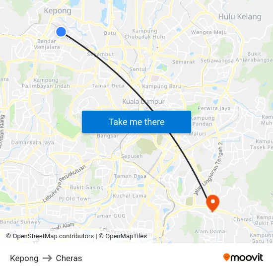 Kepong to Cheras map
