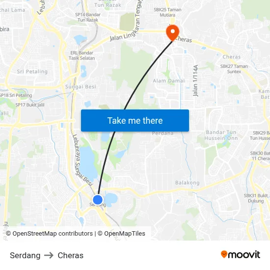 Serdang to Cheras map
