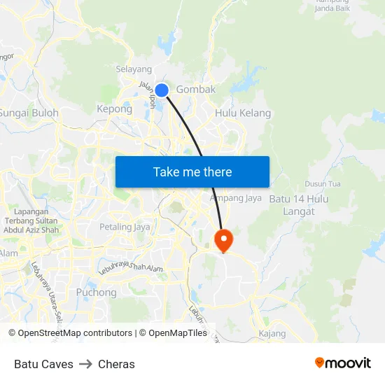 Batu Caves to Cheras map