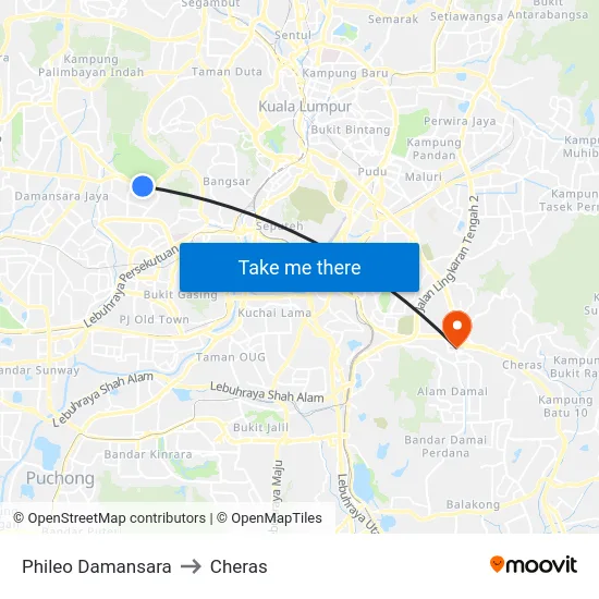 Phileo Damansara to Cheras map