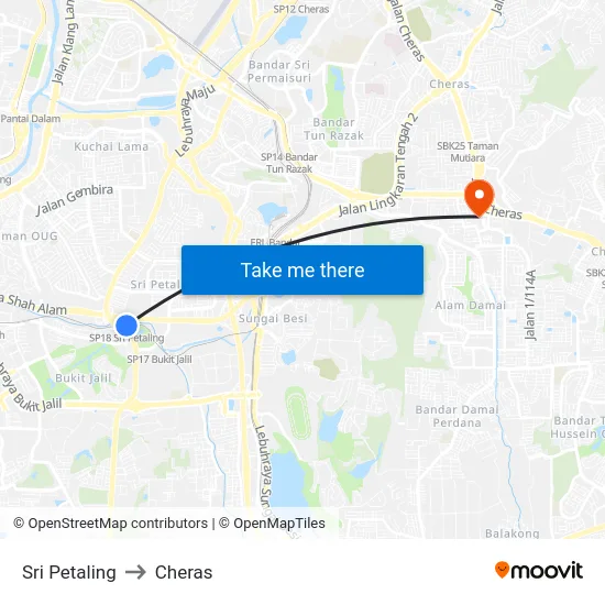 Sri Petaling to Cheras map