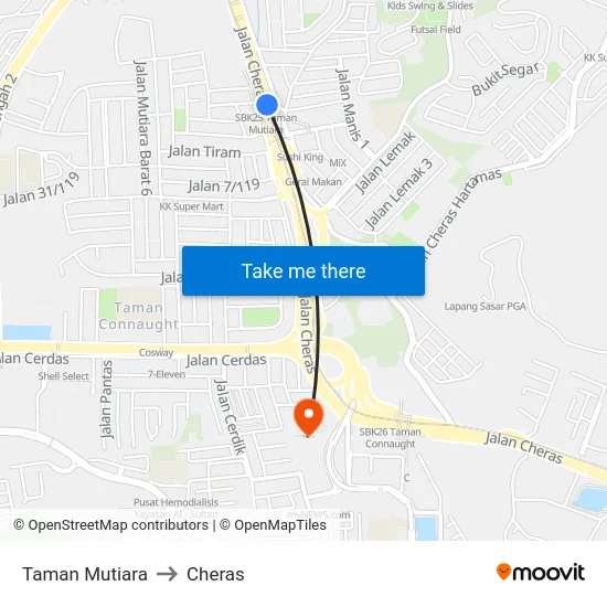 Taman Mutiara to Cheras map