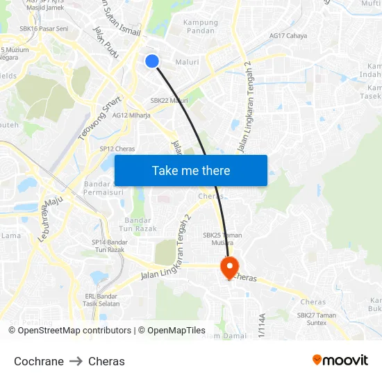 Cochrane to Cheras map
