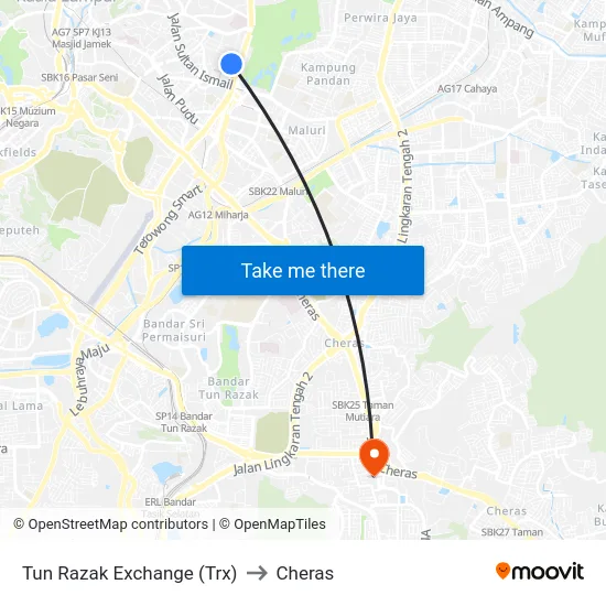 Tun Razak Exchange (Trx) to Cheras map