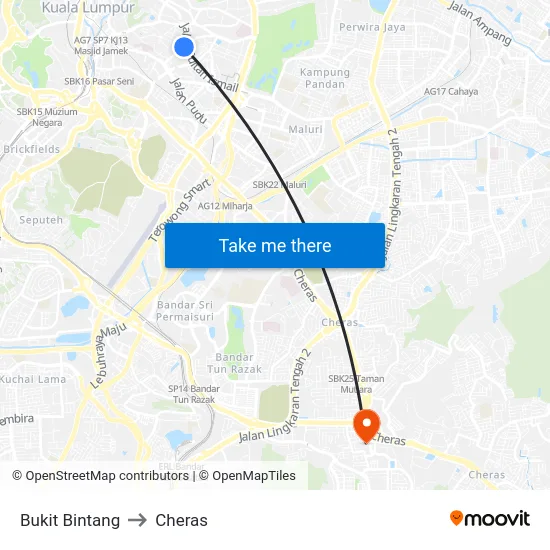 Bukit Bintang to Cheras map
