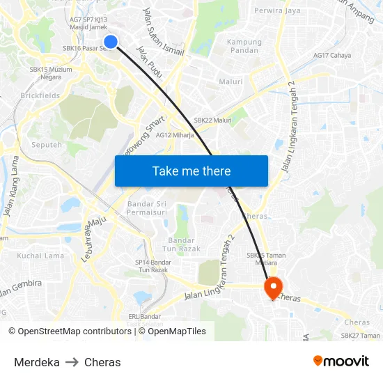 Merdeka to Cheras map