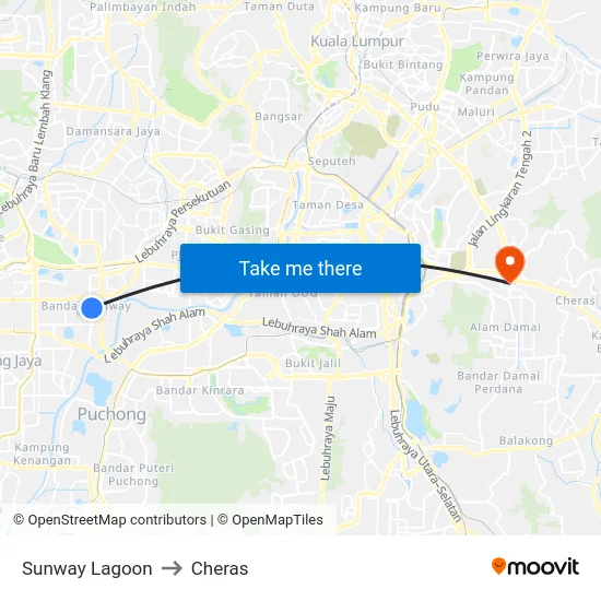 Sunway Lagoon to Cheras map