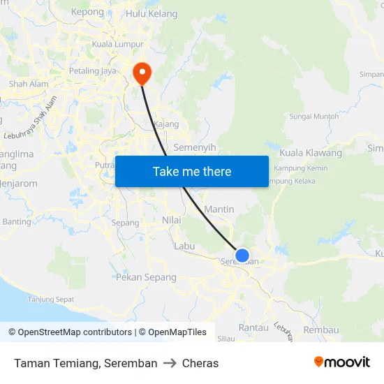 Taman Temiang, Seremban to Cheras map