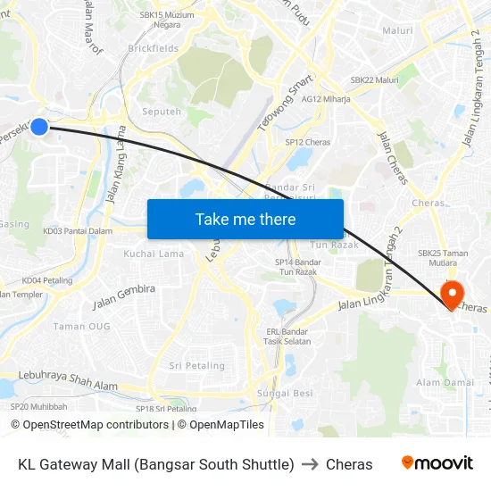 KL Gateway Mall (Bangsar South Shuttle) to Cheras map