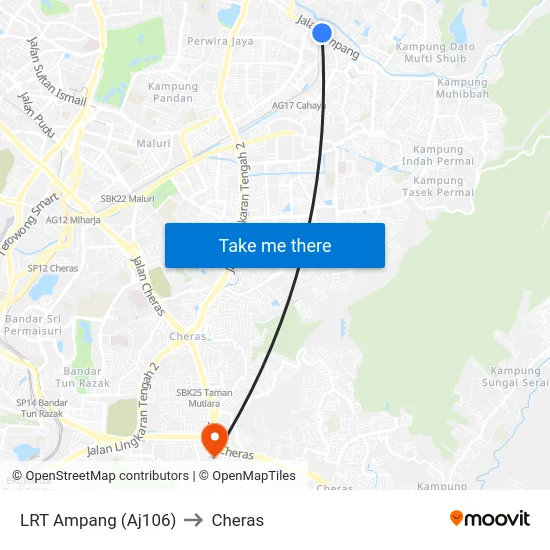 LRT Ampang (Aj106) to Cheras map