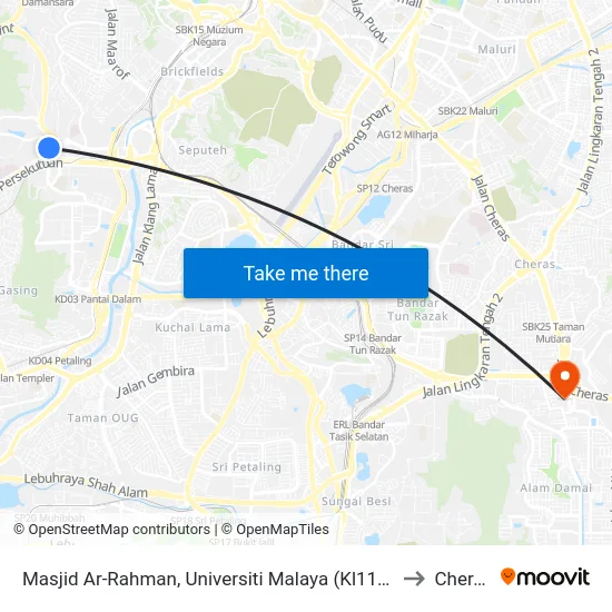 Masjid Ar-Rahman, Universiti Malaya (Kl1102) to Cheras map