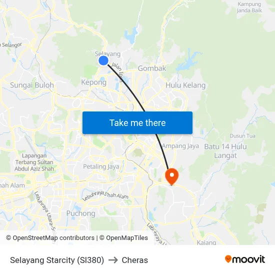 Selayang Starcity (Sl380) to Cheras map