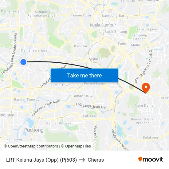 LRT Kelana Jaya (Opp) (Pj603) to Cheras map