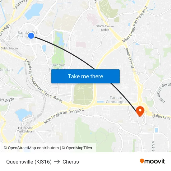 Queensville (Kl316) to Cheras map