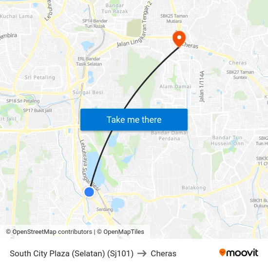 South City Plaza (Selatan) (Sj101) to Cheras map
