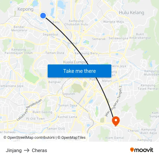 Jinjang to Cheras map