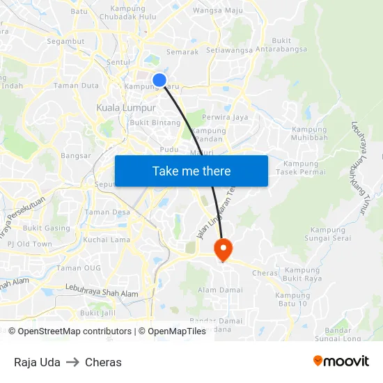 Raja Uda to Cheras map