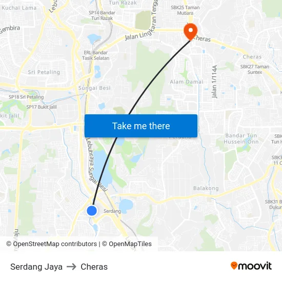 Serdang Jaya to Cheras map