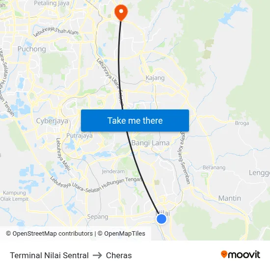 Terminal Nilai Sentral to Cheras map