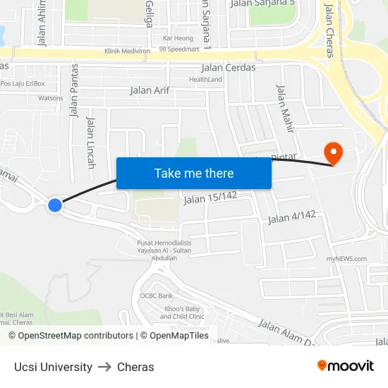 Ucsi University to Cheras map