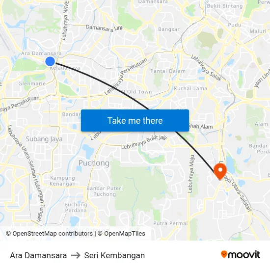 Ara Damansara to Seri Kembangan map