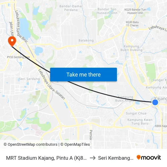 MRT Stadium Kajang, Pintu A (Kj822) to Seri Kembangan map