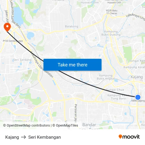 Kajang to Seri Kembangan map