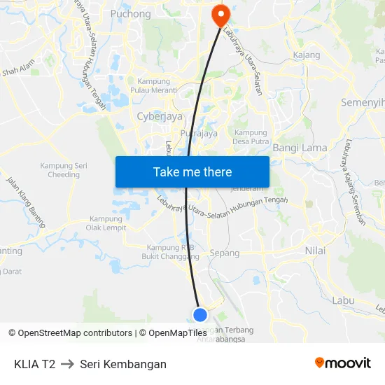 KLIA T2 to Seri Kembangan map
