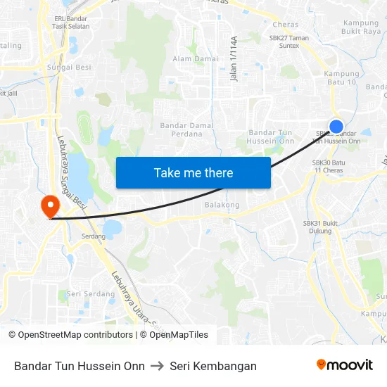 Bandar Tun Hussein Onn to Seri Kembangan map