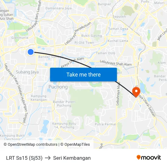 LRT Ss15 (Sj53) to Seri Kembangan map
