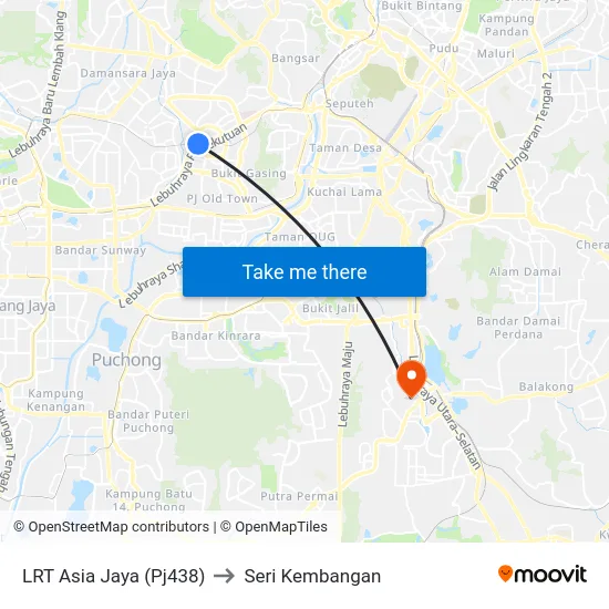 LRT Asia Jaya (Pj438) to Seri Kembangan map