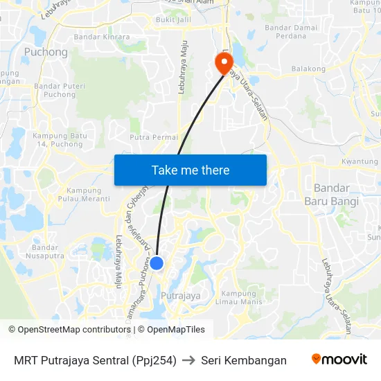 MRT Putrajaya Sentral (Ppj254) to Seri Kembangan map