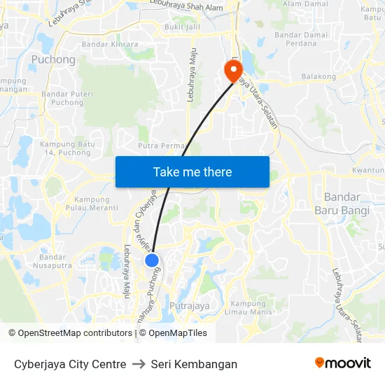 Cyberjaya City Centre to Seri Kembangan map