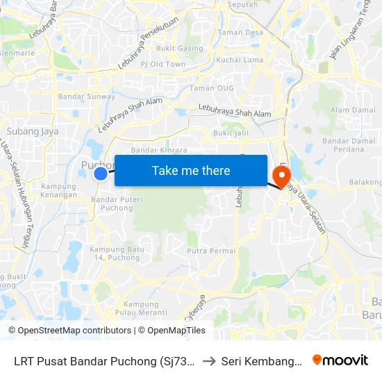 LRT Pusat Bandar Puchong (Sj735) to Seri Kembangan map