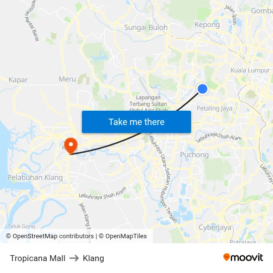 Tropicana Mall to Klang map