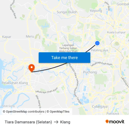 Tiara Damansara (Selatan) to Klang map