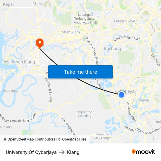 University Of Cyberjaya to Klang map