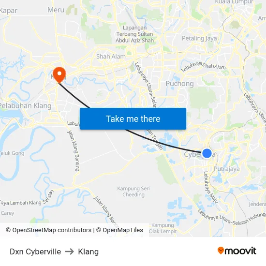 Dxn Cyberville to Klang map