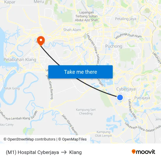 (M1) Hospital Cyberjaya to Klang map