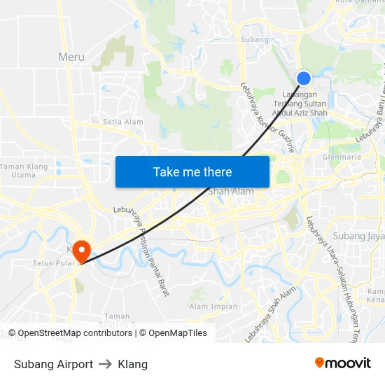 Subang Airport to Klang map