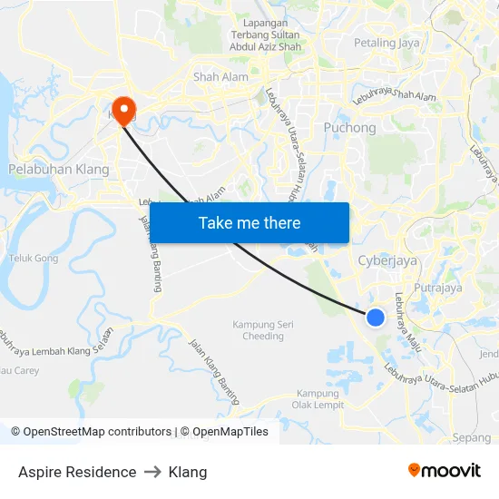 Aspire Residence to Klang map