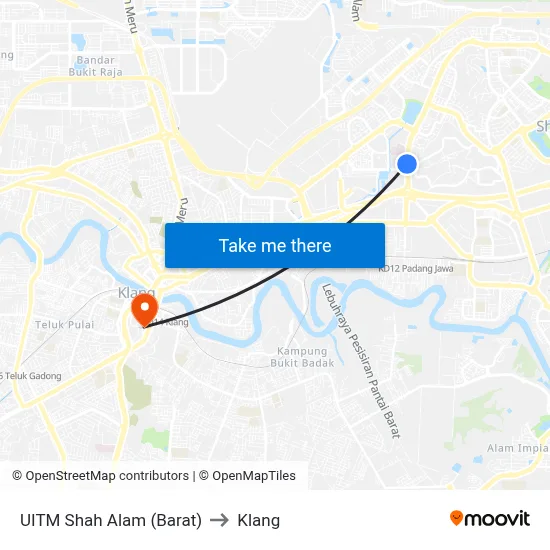 UITM Shah Alam (Barat) to Klang map