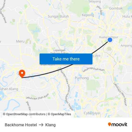 Backhome Hostel to Klang map