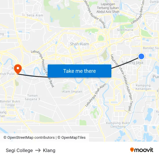 Segi College to Klang map