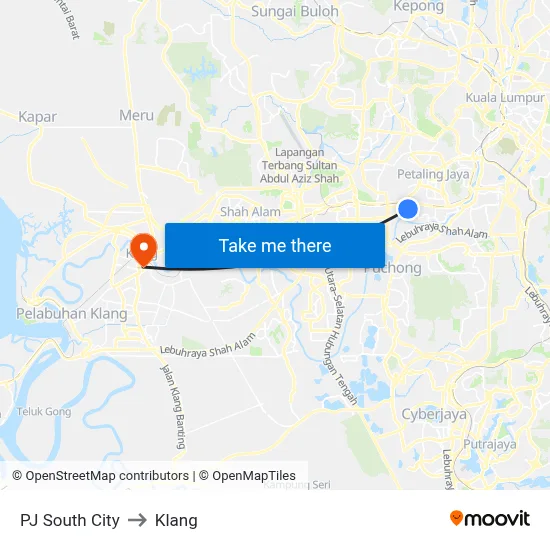 PJ South City to Klang map
