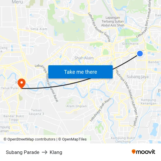 Subang Parade to Klang map