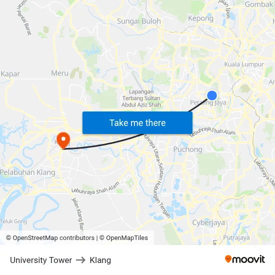 University Tower to Klang map