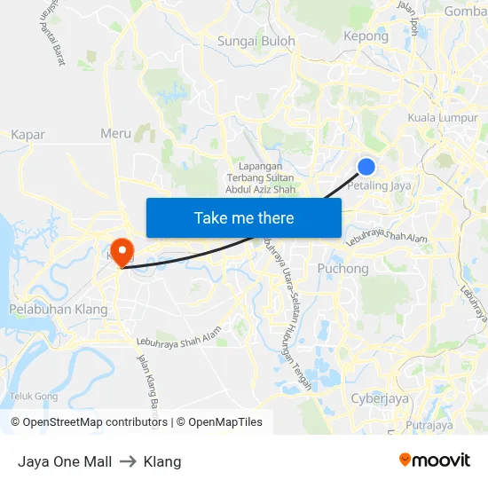 Jaya One Mall to Klang map