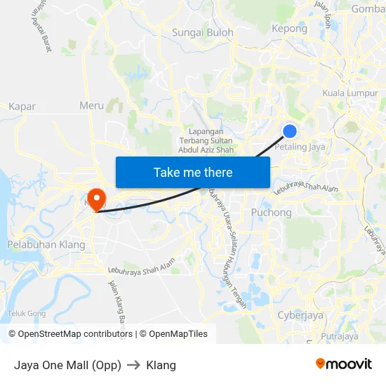 Jaya One Mall (Opp) to Klang map