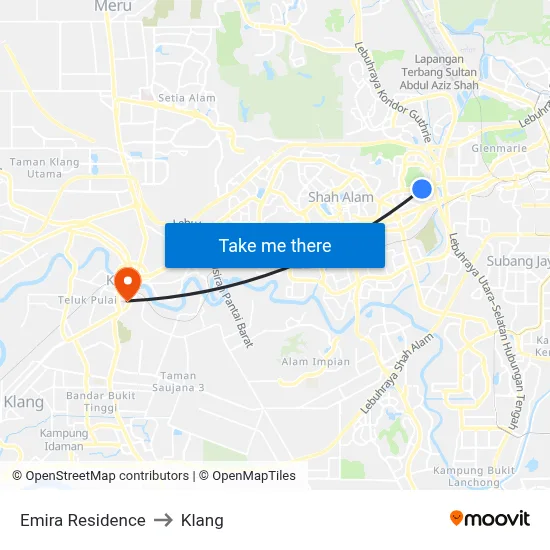 Emira Residence to Klang map